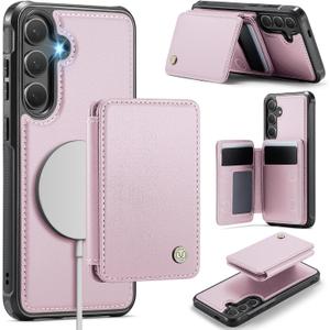 Compatible with Magsafe for Samsung Galaxy S25 Plus Wallet Case Magnetic Card Holder, RFID Blocking 2 in 1 Detachable Kickstand Shockproof Case for Women Men, Pink