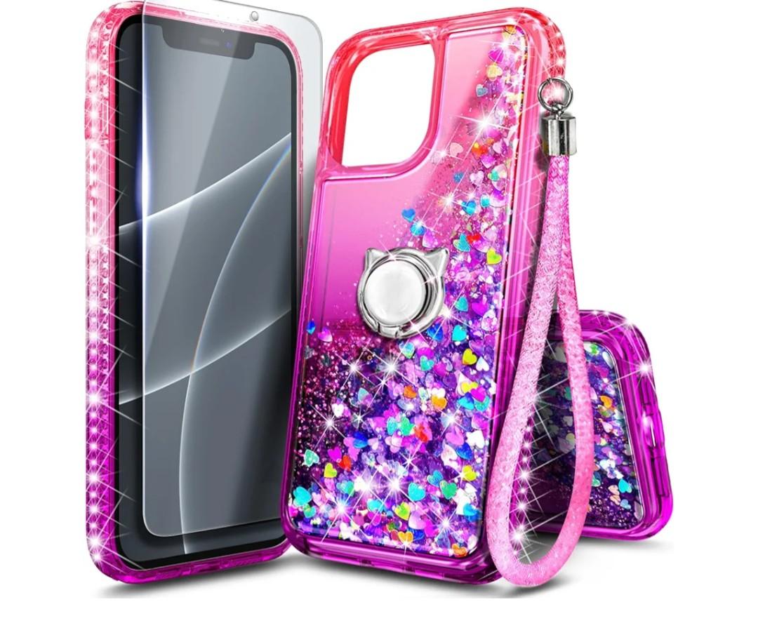 NGB Designed for iPhone 11 Phone Case, Pink/Purple | Glitter Liquid Sparkle Cute Cover for Women Girls Kids | with Tempered Glass Screen Protector & Ring Holder & Wrist Strap