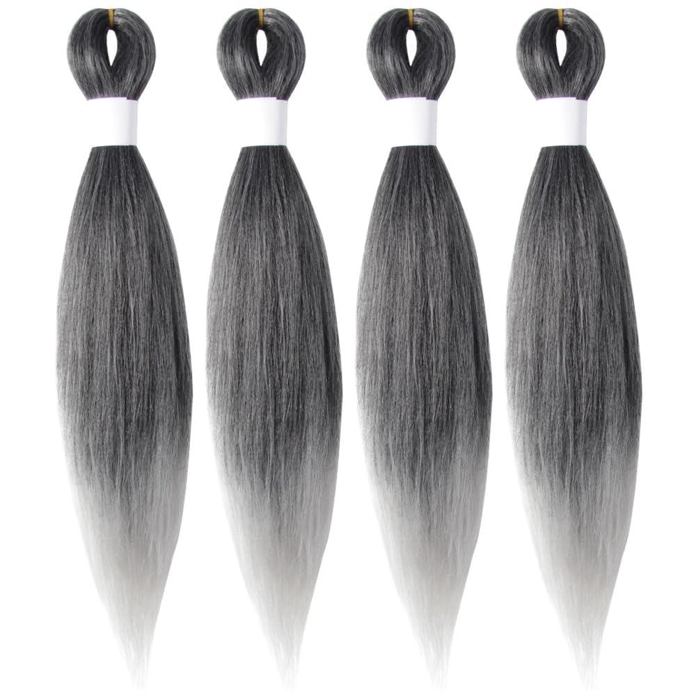 Braiding Hair Pre Stretched 14 Inch 4 Packs, Short Hair Extensions for Braids, Synthetic Braiding Hair Prestretched TGrey(Ombre Grey)