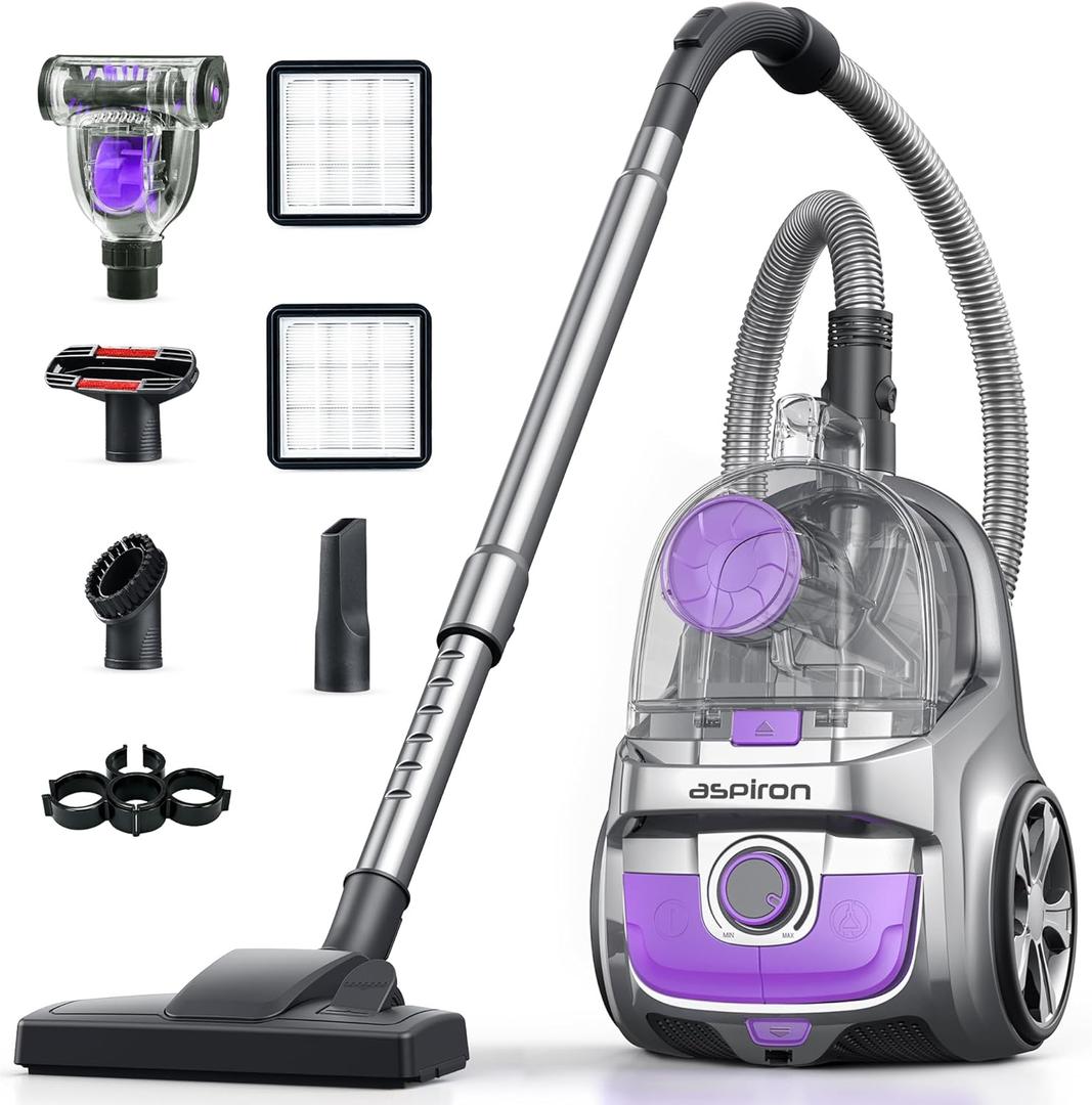 Aspiron Canister Vacuum Cleaner, 40Kpa Bagless Vacuum Cleaners, 4QT Large Dust Cup, Double HEPA Filter, Retractable Cord, 1600W Lightweight Vacuum Cleaner with 5 Tools for Hard Floors, Violet