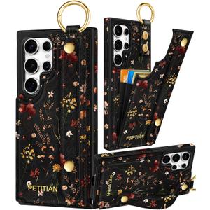 Petitian for Samsung Galaxy S25 Ultra Case with Wallet - Women Girls Cute Girly Aesthetic Unique Design Leather Credit Card Holder Cardholder Stand Wristband for S25 Ultra, Grow Flower