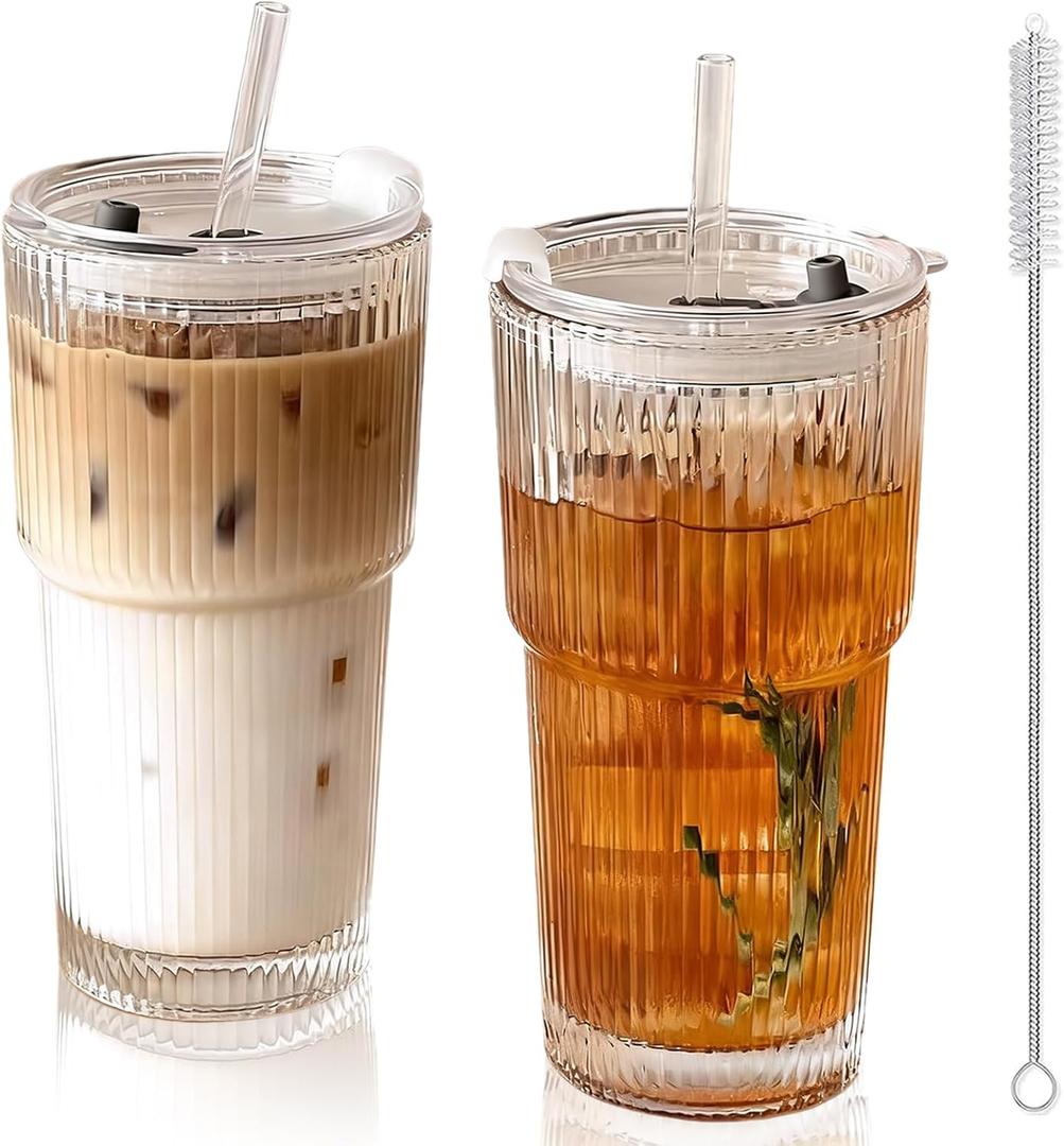 2 Pack Iced Coffee Cup with Lids, 20oz Clear Glass Tumbler with Straw & Lid, Ribbed Glassware Cups, Dishwasher Safe Drinking Glasses, Stylish Glass Cups for Coffee, Juice, Tea, Matcha