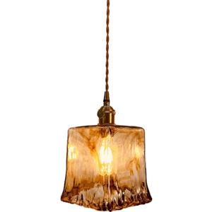 Vintage Amber Glass Pendant Light with Brass Socket E26,Caramel Coffee Hanging Ceiling Lamp with Switch, Adjustable Cord 59" for Kitchen Island Dining Room Bedroom (D)