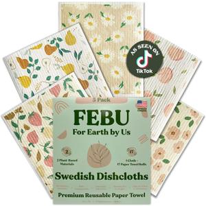 FEBU Swedish Dishcloths for Kitchen | 5 Pack Faded Summer Reusable Paper Towels Washable | Swedish Dish Towels | Non-Scratch Cellulose Sponge Cloths | No Odor, Biodegradable Cleaning Cloths
