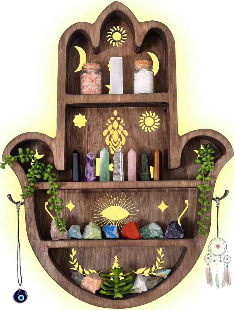 Wooden Hamsa Shelf for Crystals & Stones - Large 20 Inch Display Shelf for Essential Oils, Room Decor, Hamsa Wall Decor