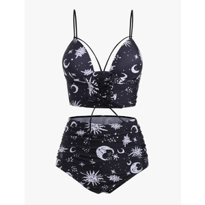 DRESSFO Women's High Waisted Bikini Sets Two Piece Padded Retro Vintage Tummy Control Swimsuit Gothic Bathing Suit L