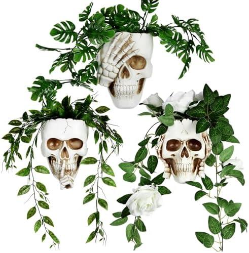 RimCereal 3 Pcs Skull Planter Skeleton Wall Hanging Planter Pot Gothic Spooky Head Face Flower Pot Garden Decor for Festival Party Indoor Outdoor Plants Home Garden Office Decorations(White)