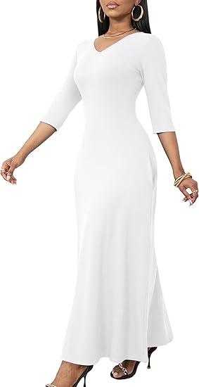 FANDEE Maxi Dress for Women 3/4 Sleeve Maxi Dresses V Neck Casual Loose Long T Shirt Dresses with Pockets, Size L