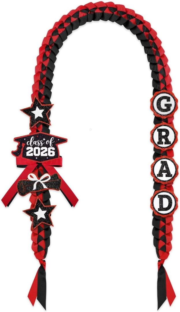 CiyvoLyeen Class of 2026 Graduation Leis with Glitter Pins Handmade Double Braided Ribbon Garland Money Holder Bowknot for Him Her Scarlet Congrats Grad Graduation Ceremony Gift Idea (Black & Red)
