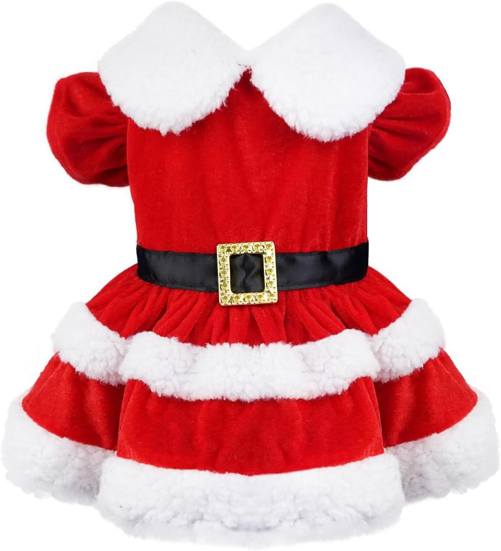 Dog Christmas Costume Puppy Dress, Santa Claus Pet Clothes Velvet Skirt Winter Outfit for Small Medium Dogs Cats, Dog Thermal Shirt Warm Coat Xmas Clothing Holiday Apparel Cute Dresses (Large, Red)