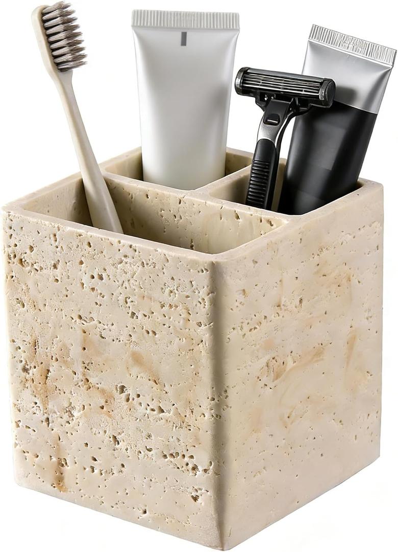 Natural Travertine Textures Toothbrush Holders for Bathroom, Electric Toothbrush and Toothpaste Holder 3 Slots Tooth Brush Organizer for Bathroom Countertop, Shower, Vanity