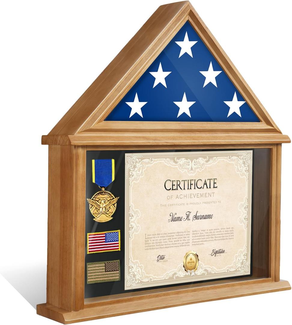 ASmileIndeep Flag Display Case Box for Folded 3'x5' American Veteran Flag Solid Wood Military Flag Certificate Shadow Box with Wall Mount Display Flag Frame Holder for Badges Medals (Walmut)