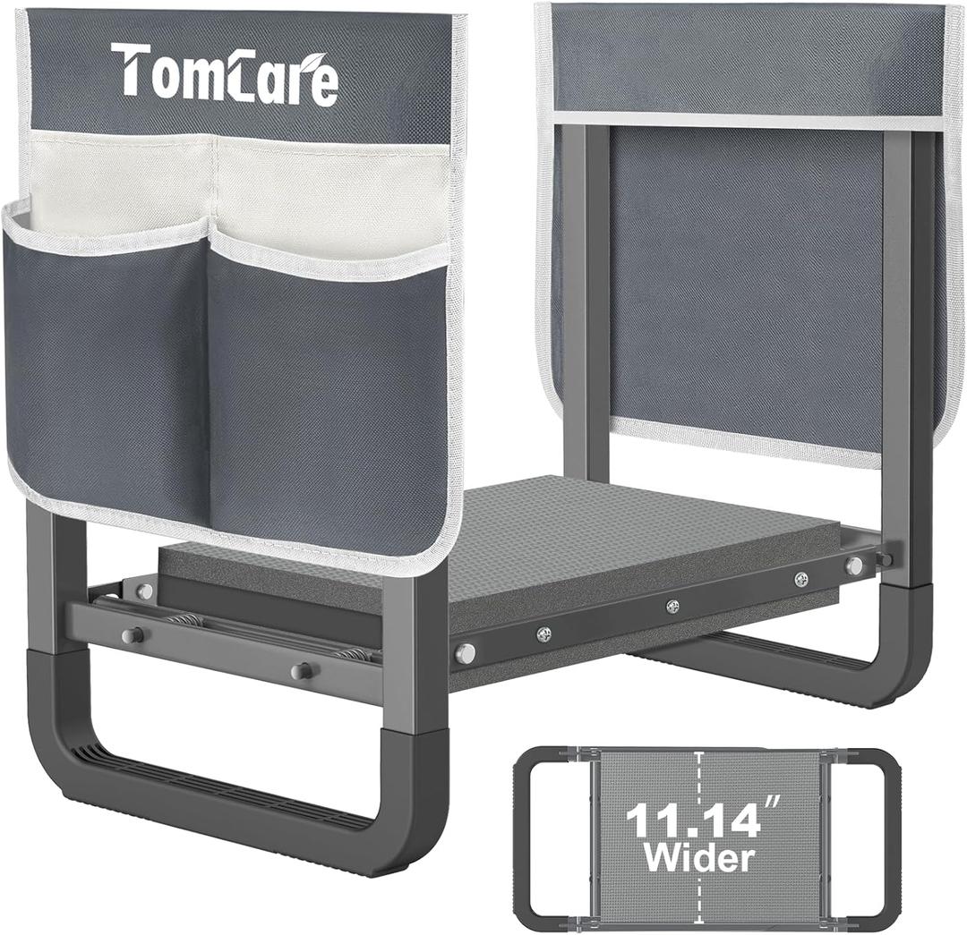 TomCare Garden Kneeler and Seat 11.14 Wider Larger Soft Kneeling Pad Garden Bench with 2 Large Tools Pouches Heavy Duty Foldable Garden Stool Gardening Gifts for Women Men Gardeners Seniors,Gray