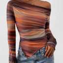 PRETTYGARDEN Womens Fall Trendy Off Shoulder Y2k Tops 2026 Tie Dye Mesh Long Sleeve Shirts Asymmetrical Ruched Floral Blouse, XL