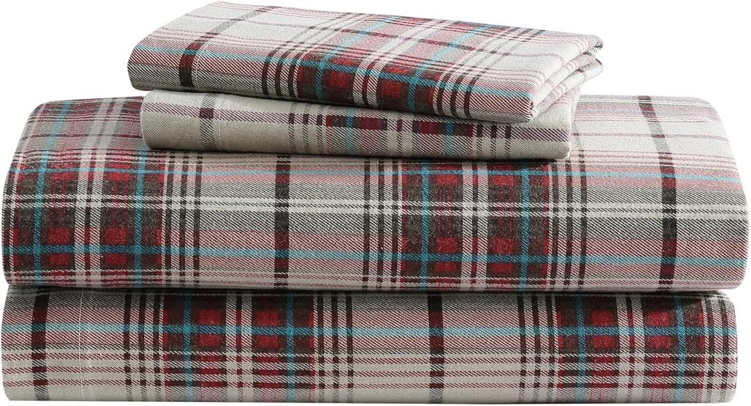 Eddie Bauer - Flannel Sheets King Size, Anti-Pilling & Wrinkle Resistant Cotton, Touchably Soft for All-Season Comfort - Bed Sheets with Matching Pillowcases & Fitted Sheet (Montlake Plaid Red)