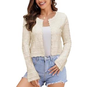 FAIRY SEASON Women's Cropped Cardigan Sweater Bell Long Sleeve Lightweight Crochet Button Down Knit Bolero Shrugs for Dresses Size XL
