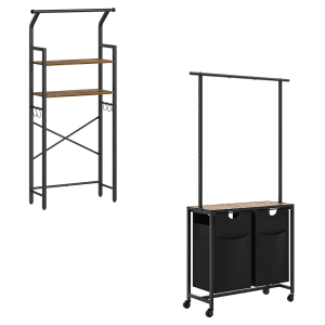 Over The Toilet Storage and Laundry Sorter, 2-Tier Bathroom Organizer Shelves with Hooks, Rolling Laundry Hamper with Hanging Rack, Laundry Hamper 2-Section with Wheels, TR01BR-LS27BR