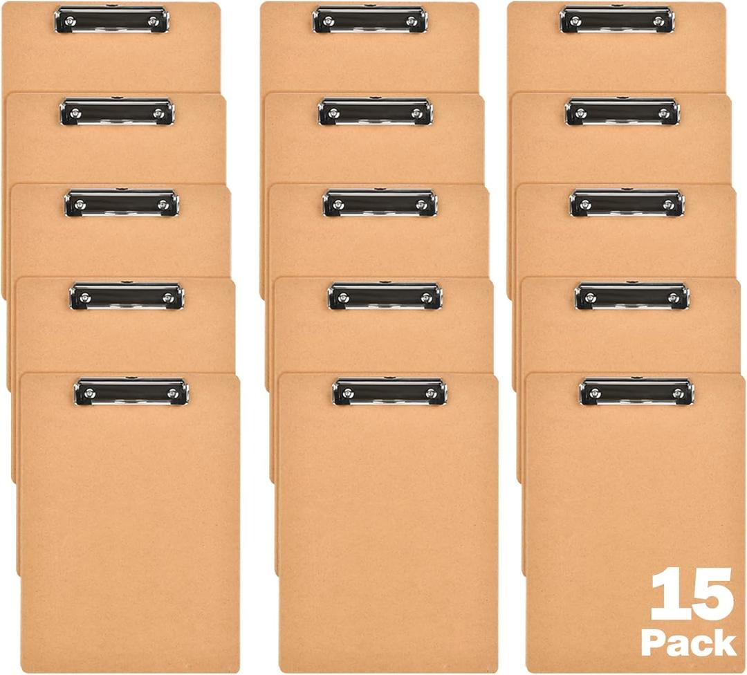 HappyHapi 15 Pack Mini Clipboards, 6 x 9 Inches A5 Small Clipboards, Wood Hardboard Memo Size Low Profile Clip with Hang Tab for Home, Office, School Classroom Supplies, Brown