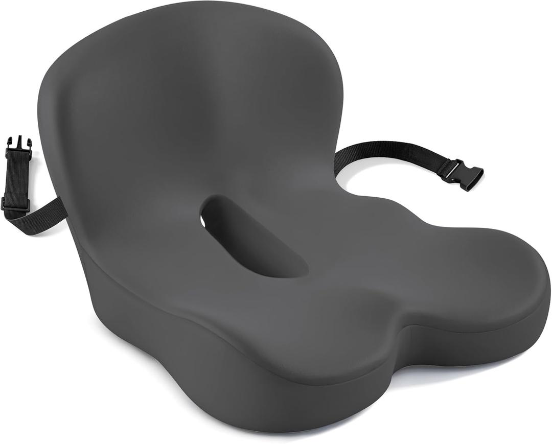 Seat Cushion, Office Chair Cushions for Tailbone Relief, Seat Cushions for Office Chair with L-Shaped Ergonomic Design & Adjustable Strap, Memory Foam Chair Cushion for Long Sitting Worker (Dark Gray)