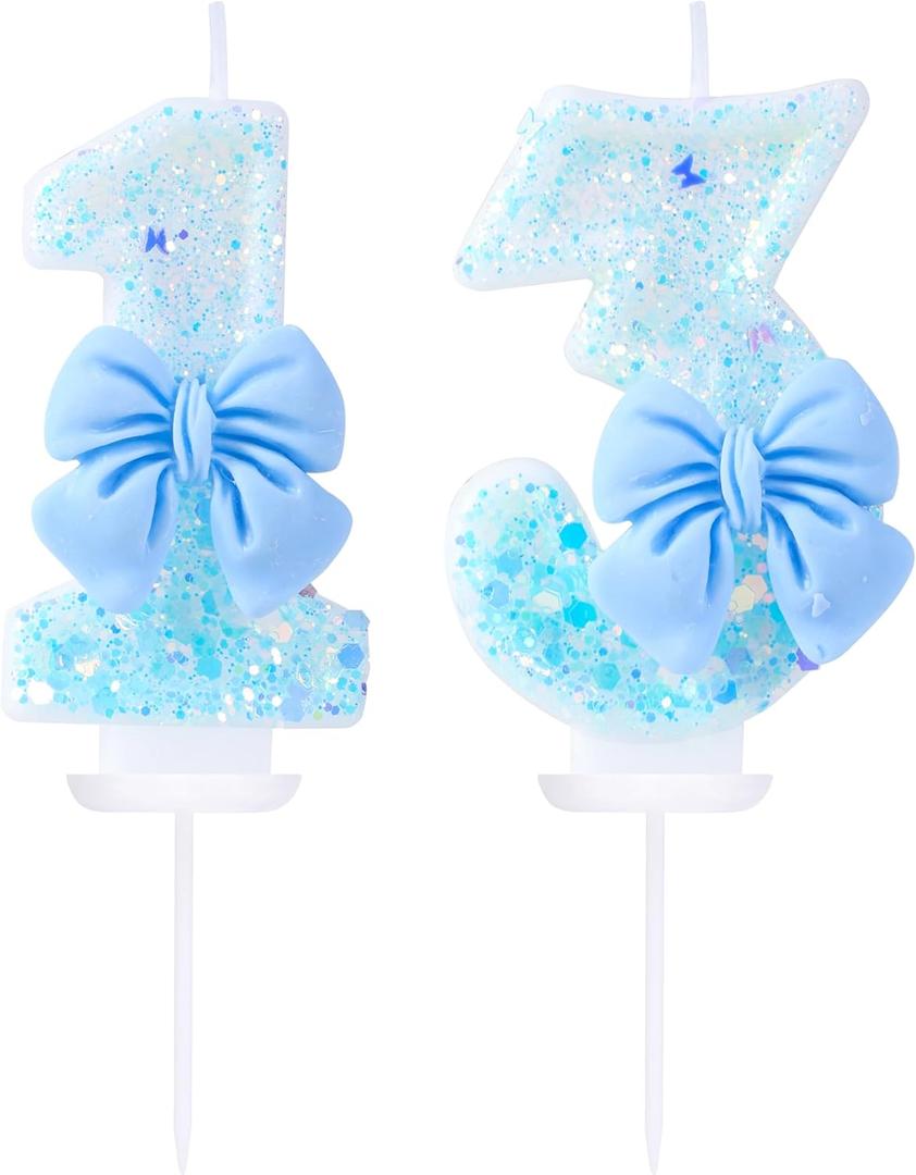 13 Birthday Candles Blue Bow Number 13 Cake Candles, 13th Cake Topper Decorations for Kids Pets Pastel Birthday Party Supplies (Number 13)