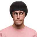 ANOGOL Hair Cap + Short Black Bowl Cut Wig Men with Bangs Black Mushroom Wigs 60s Wig Mens Funny Wigs for Movie Halloween Cosplay Costume Party Christmas