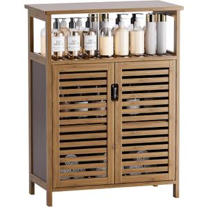 HITNET Bathroom Storage Cabinet, Bamboo Floor Cabinet with Double Doors and Open Shelf, Freestanding Cupboard for Living Room, Kitchen, Entryway, Walnut, Large