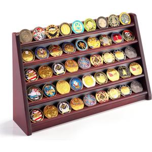 5 Row Challenge Coin Display Stand, Wood Military Army Coins Rack for Wall or Desk Display, Coin Storage Holder Case for Coin Collection, Brown
