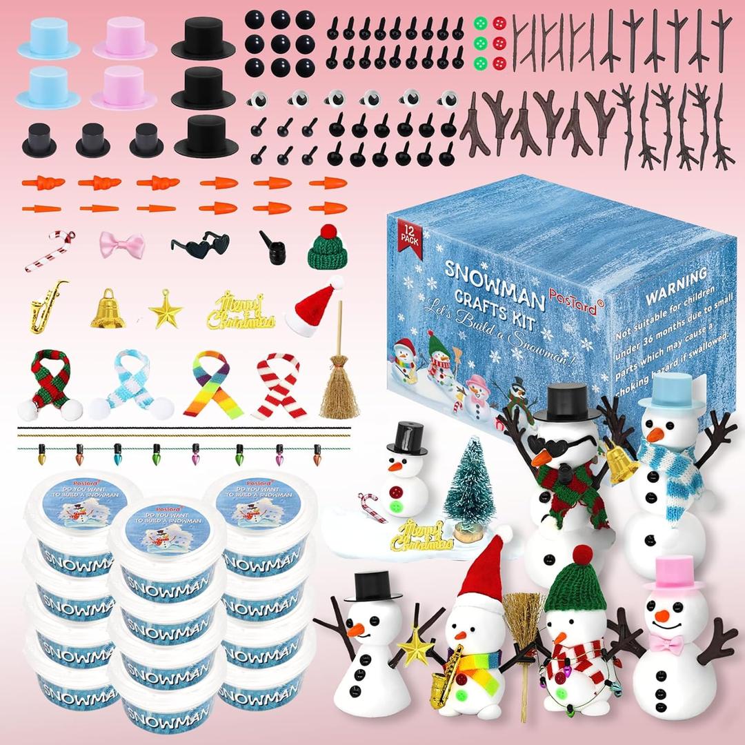 PasTard 12 Pack Build A Snowman Kit Large Quantity Ultralight Clay Big Snowman Family Activities for Kids and Adults Crafts DIY Kit Snow Man Craft Kits for Girls Boys Gift