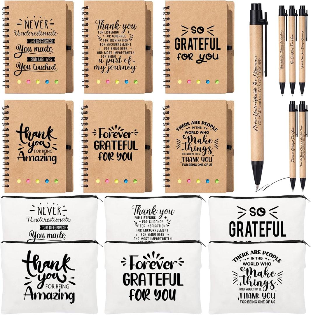 6Set Employee Appreciation Gifts Bulk, Thank You Gift Inspirational Notebook Makeup Bag for Team Volunteer Nurse Coworker Teacher, Cosmetic Bag Notepad with Bamboo Pen Gifts Box (6, Inspirational)