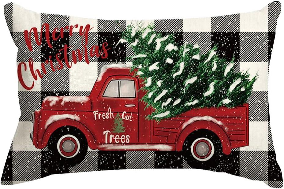 RABUSOFA Christmas Pillow Covers 12x20 Black and White Buffalo Plaid Red Truck Christmas Decorations Winter Decorative Throw Pillow Cases Farmhouse Holiday Xmas Lumbar Cushion Covers for Couch