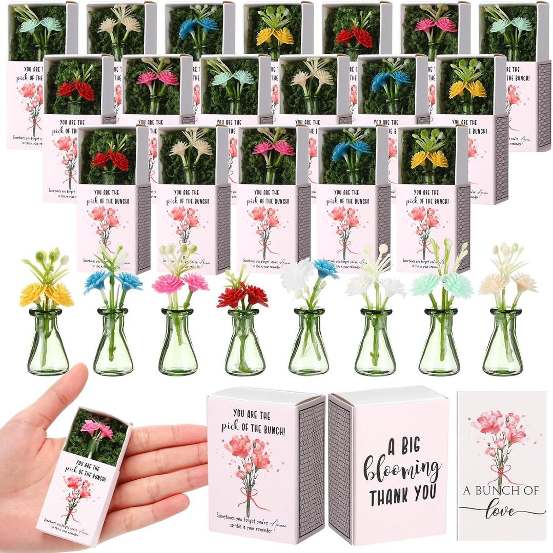 Wonderjune 12 Sets Mini Thank You Gifts Bulk for Women Positive Mini Flowers with Bud Vases Desk Decor Back to School Student Gifts Small Box Breathing Employee Appreciation for Staff (Green)