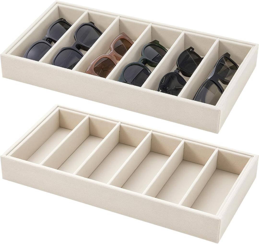 Juexica 2 Pcs Velvet Sunglasses Organizer Tray 6 Grid Sunglass Organizer Velvet Tray Stackable Glasses Display Case for Women Glasses Jewelry Display Watch (Beige)