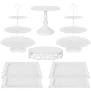 Fivenl 8 Pcs Cake Stand White Metal Dessert Table Display Set, 3-Tier Cupcake Stand, Cake Display Tower and Cookie Tray Rack Serving Tray for Birthday Party, Weddings, Baby Shower (White)