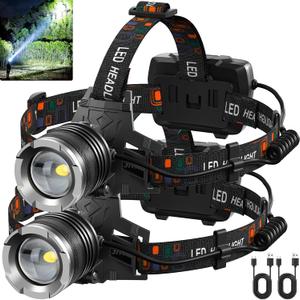 LED Rechargeable Headlamp, 3000 Lumens Super Bright Head Lamp with 5 Modes, 90Adjustable, USB Rechargeable, Waterproof LED Headlamps for Adults Camping, Hiking, Climbing (2 Pack) (Black)