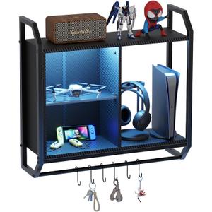 Gaming Floating Wall Shelves with Led Lights, Wall Mounted Shelf, 24" Led Lights and Adjustable Glass Bar Wine Shelf, Black Wall Shelf with 6 Hooks for Gaming Room Bedroom Living Room, 25" x 23.62" x 7.87"