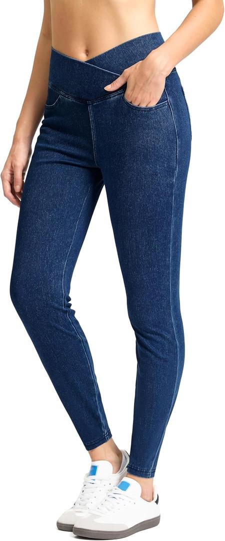 Rammus Pull on Jeggings for Women High Waisted Crossover Stretchy Skinny Jeans Tummy Control Denim Leggings (Large)