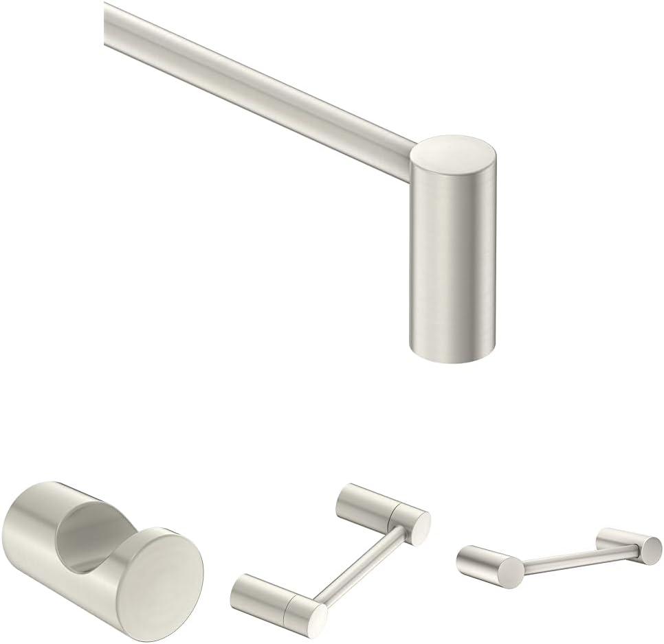 Moen Align Brushed Nickel Accessories Bundle Featuring Modern 24inch Bathroom Towel Bar, Robe Hook, Wall Mounted Double Post Pivoting Toilet Paper Holder, and 9inch Hand-Towel Bar