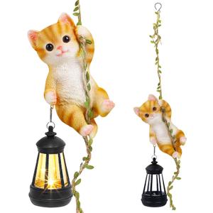 Solar Hanging Cat Statue, Outdoor Resin Orange Cat Figurine with LED Lights, Ginger Kitty Animal Ornament for Garden, Fence, Porch, Patio, Yard Decor, Dusk to Dawn Auto On/Off
