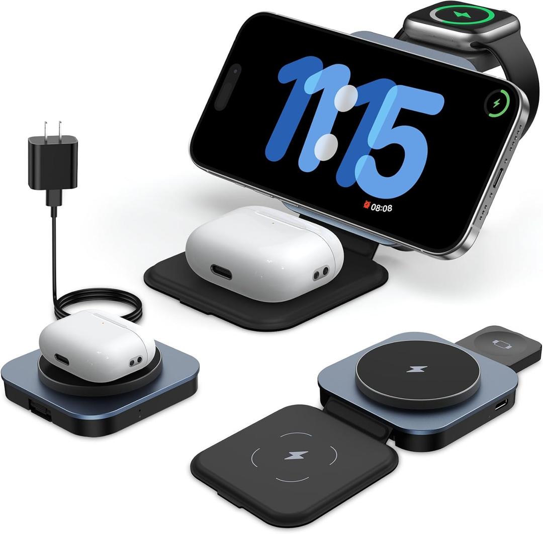 Upgraded 3 in 1 Wireless Charger for MagSafe, Magnetic Foldable Travel Fast Charging Station Pad Compatible with Apple Watch/Ultra (5W) iPhone 16/15/14/13/12 & AirPods Pro/4/3/2 (with Adapter)