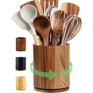 Wooden Utensil Holder, 360Rotating 7.3'' Large Utensil Holder for Kitchen Counter, Kitchen Utensil Organizer, Utensil Crock, Farmhouse Kitchens Countertop Decor, Acacia Wood