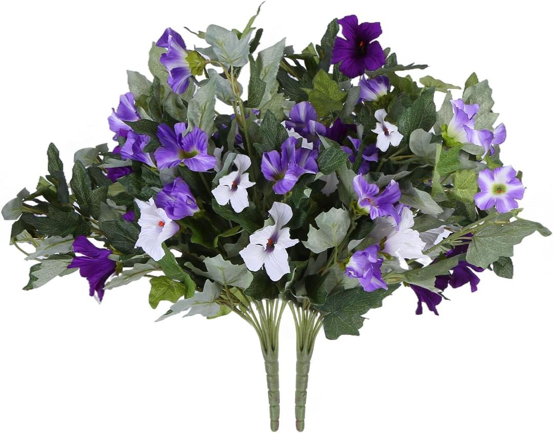Petunias - Outdoor Artificial Flowers 2 Bundles Morning Glory Artificial Flowers Decorative Faux Plastic Flowers Realistic Flowers No Fade for Home Office Desktop (Purple)