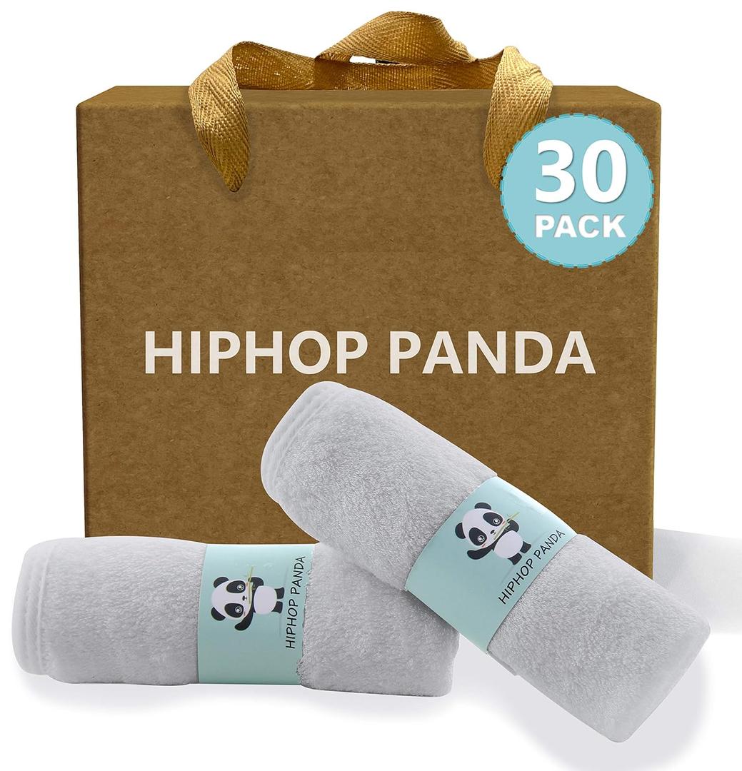 HIPHOP PANDA Baby Washcloths, Rayon Made from Bamboo - 2 Layer Ultra Soft Absorbent Newborn Bath Face Towel - Reusable Baby Wipes for Delicate Skin - Grey (10x10 Inch - 30 Pack Gift Box Set)