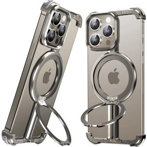 OATSBASF for iPhone 15 Pro Max Bumper Case, with Invisible Magnetic O-Ring Stand Case, Bezel Less Minimalist, Protective Shockproof, Frameless Metal Slim Cover, Natural Titanium