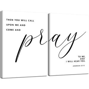 2Pcs Framed Bible Verse Wall Art Jeremiah 29:12 Pray to Me Canvas Prints Christian Inspirational Scripture Posters Wall Decor Pictures for Living Room Bedroom Home Decoration (16x24in)