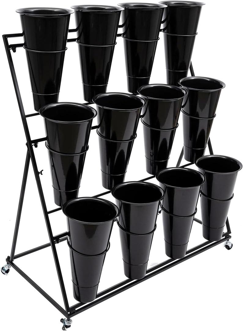 3 Tiers Metal Flower Plant Display Stand Shelf with Wheels and 12 Flower Buckets, 3 Layers Indoor Outdoor Moving Florist Bouquet Shelf, for Patio Garden, Living Room, Florist (Black)