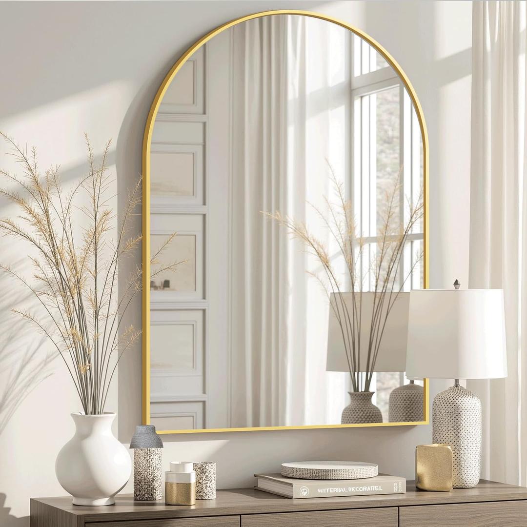 Arched Bathroom Mirror for Wall, 38" x 26" Gold Metal Frame Vanity Mirror, HD Glass Over Sink for Bathroom, Entryway, Bedroom