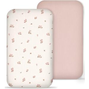 Muslin Bedside Bassinet Sheets 2 Pack, 33x20 Fitted Ultra Soft & Breathable Bedside Sleeper Sheets, Ideal for Baby Girl and Boy, Perfect for Newborns (Vintage Blossom & Pink)