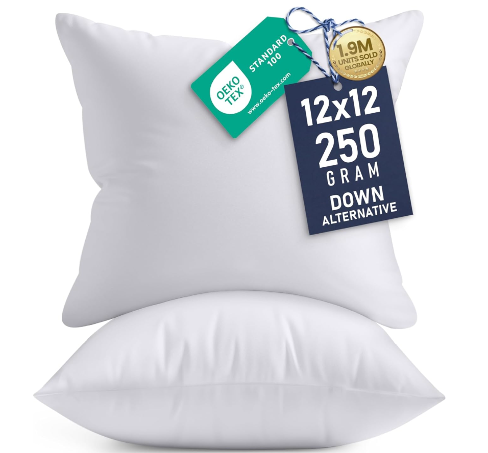 12 x 12 in Throw Pillow Inserts, Set of 2, Firm and Fluffy Decorative Down Alternative Pillows with Polyester Fiber, Square White Cushion , for Indoor Bed Couch Sofa and Living Room