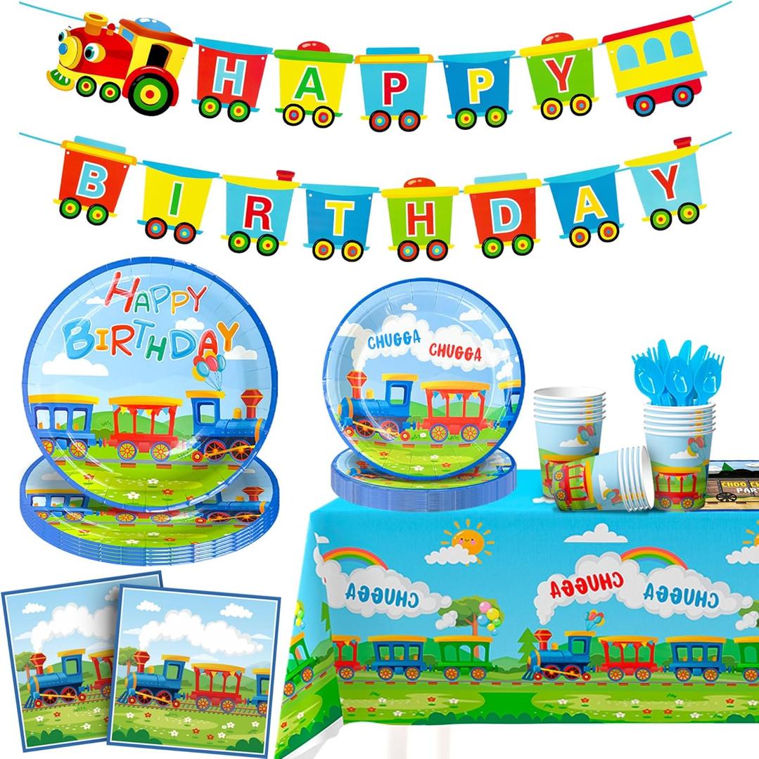 Train Birthday Party Supplies,128pcs Train Party Decorations Tableware Set Train Plates and Cups Napkins Train Birthday Banner Tablecloth etc Train Tableware for Kids