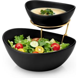 MALACASA 2 Tier Chip and Dip Serving Set with Metal Stand,Ceramic Appetizer Bowls for Party, Multi-Use Food Display for Fruits, Snacks,Black Elegant Tiered Serving Dishes for Party